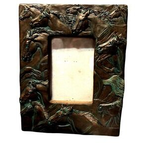 3D Running Horses Picture Frame 9"x7" Heavy Bronze Tone Resin Equestrian Money